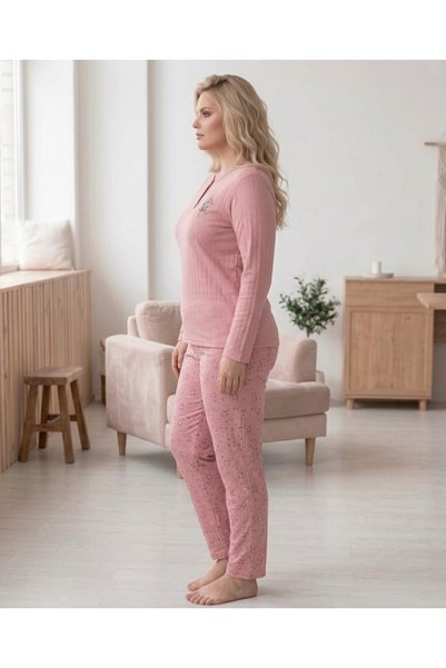 Eyfuze Women's Winter Plus Size Curve Embroidered Patterned Collar Buttoned Long Sleeve Pajama Set