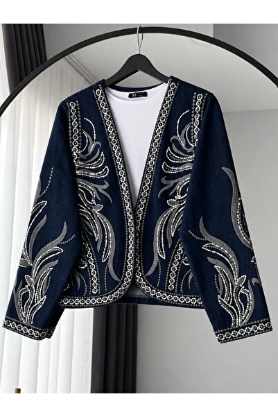 Lavanta Tekstil Sequin Embroidered Design Denim Kimono Jacket