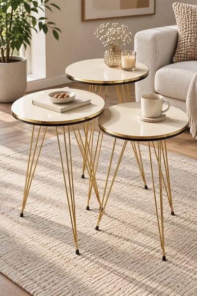 SuloraHome Gold Tel Zigon Sehpa Takımı 3'lü Krem Bej