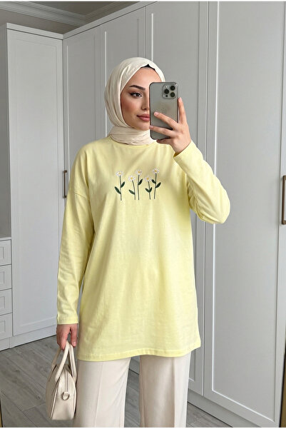 Kirazca Butik Kadın Çiçek Nakış Detaylı Salaş Uzun Sweatshirt Tunik