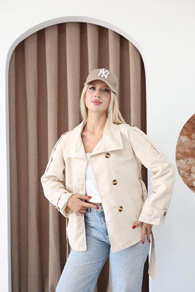 Moda Palmiss Dik Yaka Arka Rüzgarlık Detaylı Astarlı Kadın Trençkot Ceket Trenç