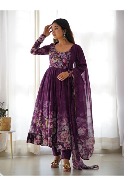 MYSMAR Purple Organza Silk Gown - HRT1832 | Purple-Size:S-36-Inches