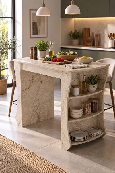 SuloraHome Mutfak Adası ve Kahvaltı Masası Raflı Çok Amaçlı Masa 120x60 cm