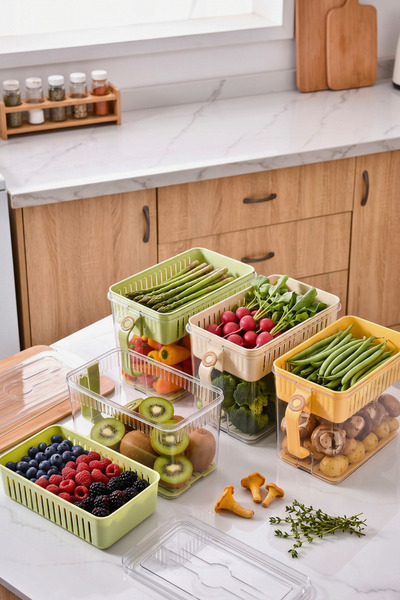 Vekorr Transparent Refrigerator Organizer with Strainer, Wash and Store Organizer, Storage Container with Handle