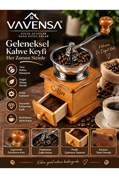 VAVENSA Manuel Kahve Değirmeni Ahşap Çekmeceli Retro El Tipi Kahve Çekirdeği Öğütücü