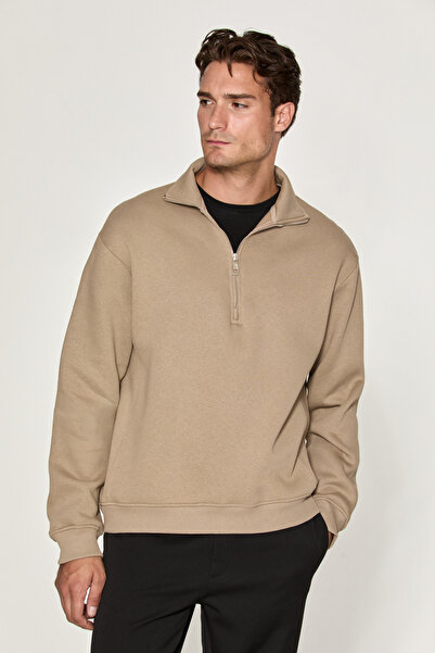 GRIMELANGE Ceremino Men's Half-Zip Mink - Beige Sweatshirt