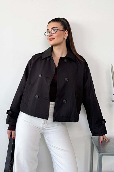 GİYSA قميص نسائي بياقة وأزرار وسترة قصيرة سوداء - 27K 3056