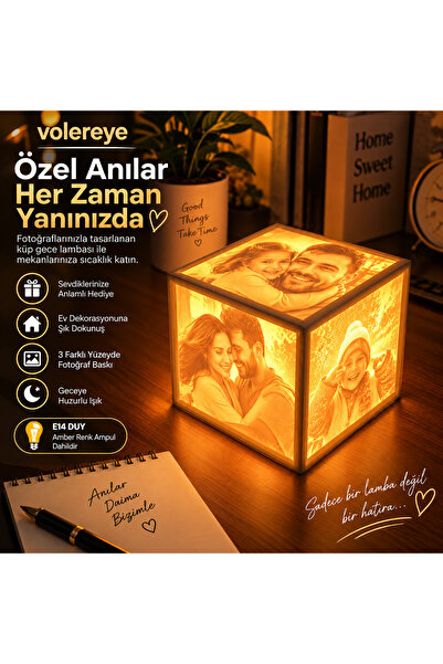 volereye Kişiye Özel 4 Fotoğraflı Küp Gece Lambası – Fotoğraf Baskılı Masa La...