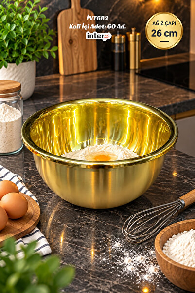 İnterlife Gold Metal Dough Mixing Bowl Deep Kneading Whisking Food Preparatio...