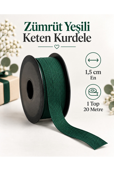kubbe tekstil aksesuar Zümrüt Yeşil Keten Kurdele 1,5 cm – 1 Top 20 Metre – H...