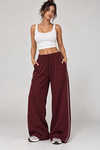 MCSPORT Kadın Bordo Yan Şerit Detaylı Beli Lastikli Bol Paça Oversize Eşofman...