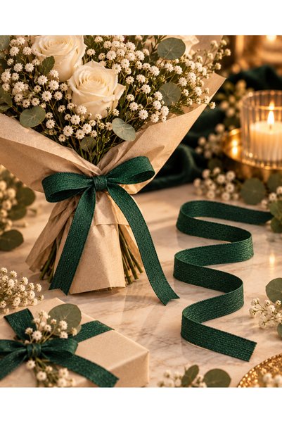 kubbe tekstil aksesuar Emerald Green Linen Ribbon 1.5 cm – 1 Roll 20 Meters – Gift Wrapping, Flower Bouquet, Event and Decoration Ornament Ribbon