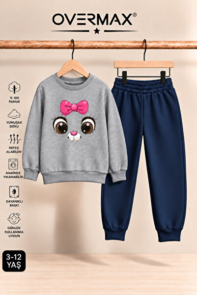 OVERMAX Girl's Hoodless Kitten Face Printed Tracksuit Set - Ages 3-12
