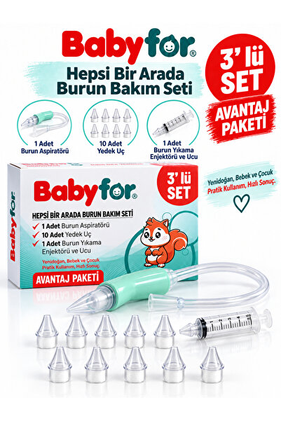 BABYFOR AVANTAJ PAKET Bebek Burun Temizleme Aspiratörü, 10 Yedek Uç ve Burun Temizleme Şırıngası 3'lü set