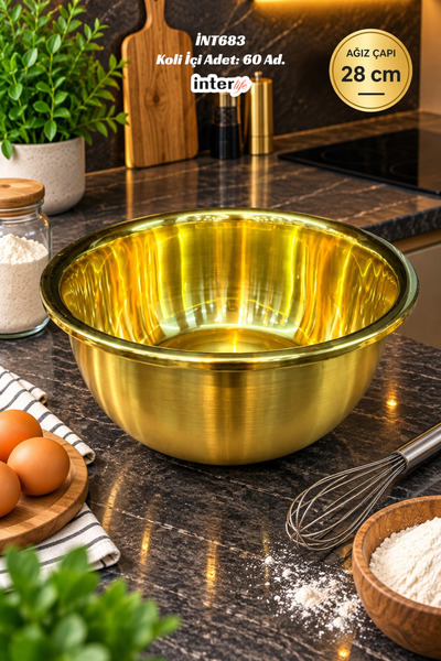 İnterlife Gold Metal Dough Mixing Bowl Deep Kneading Whisking Food Preparatio...