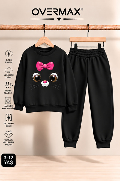 OVERMAX Girl's Hoodless Kitten Face Printed Tracksuit Set - Ages 3-12