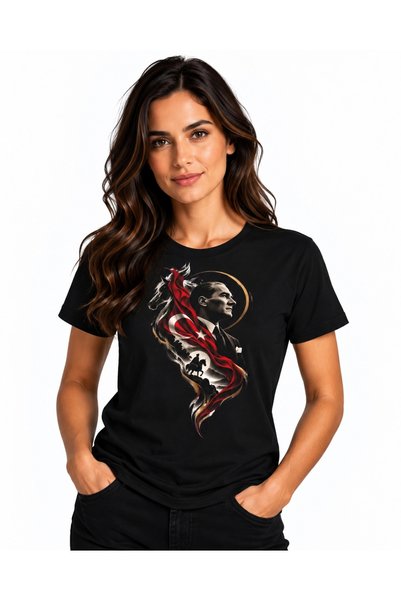 ETİFA Ataturk Portrait Turkish Flag Themed Premium Unisex 100% Cotton Black T-Shirt