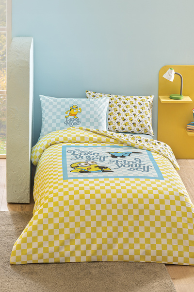 Puffy Minions Gingham 100% Cotton Single Duvet Cover Set - Yellow
