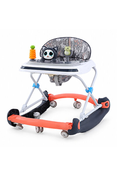 Bukela Coral-colored baby walker with a padded gray seat and owl-toy activity...