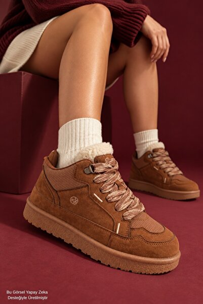 MUGGO NORTEX Kürklü Fermuarlı Kalın Taban Bağcıklı Kışlık Kadın Sneaker Bot