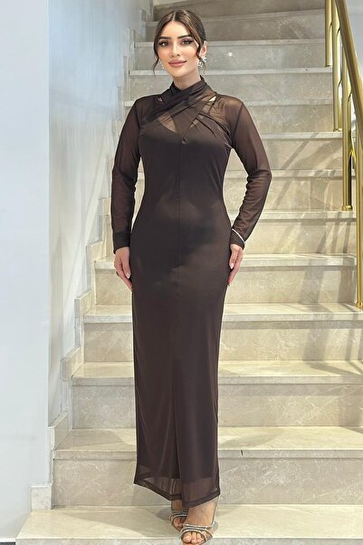 FEVER Drape yakalı likralı tül elbise