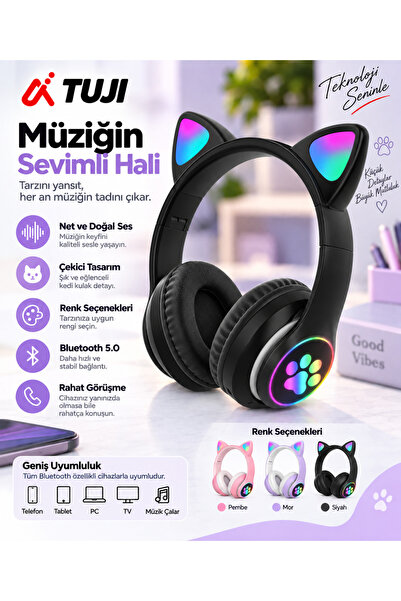 tuji Kedi Kulaklı Bluetooth 5.0 Kablosuz Kulaklık – LED Işıklı, Mikrofonlu, Ç...