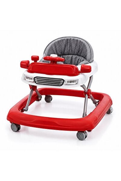 Bukela Red and white baby walker with a padded gray seat, activity tray, and ...
