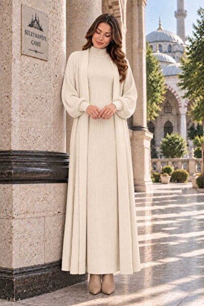 MAY MARA Women's Standing Collar Long Dress and Cardigan 2-Piece Knitwear Set