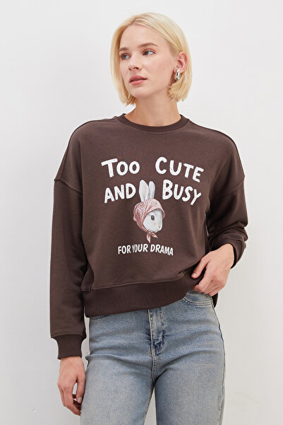 Fulla Moda 3 İplik Şardonsuz Tavşan Baskılı Oversize Sweatshirt