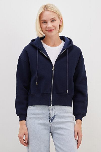 Fulla Moda 3 İplik Basic Fermuarlı Kapüşonlu Sweatshirt