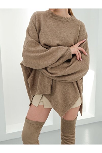 NEW JOURNAL Women's Milk Coffee Balloon Sleeve Slit Knitwear Oversize Tunic S...