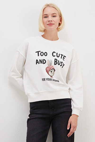 Fulla Moda 3 İplik Şardonsuz Tavşan Baskılı Oversize Sweatshirt