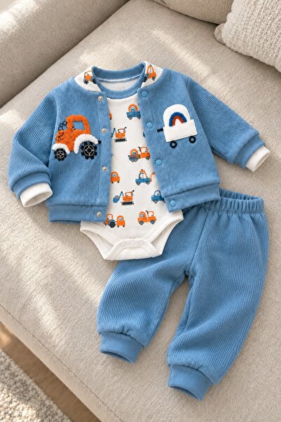 METEOR BABY Erkek Bebek 3’lü Takım Nakış Detaylı Arabalı Alt Üst Mevsimlik Ta...