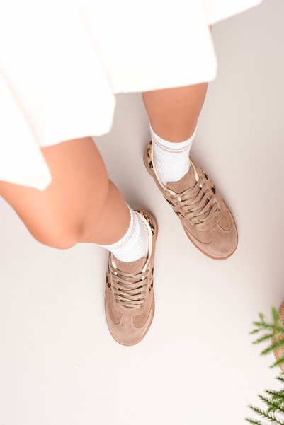 BAHRİNA Women's Brown Suede Leopard Thermo Rubber Sole Casual Sneaker