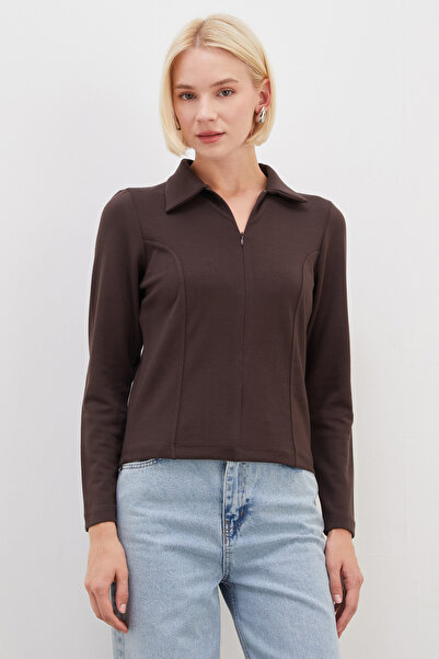 Fulla Moda Yarım Fermuarlı Polo Yaka Slim Fit Modal Sweatshirt