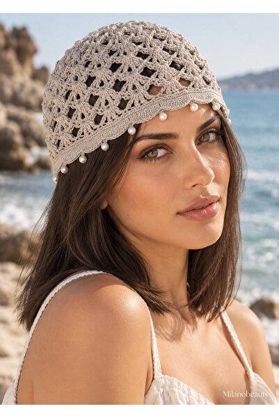 MİLANO BEAUTYS Hand Knitted Pearl Beaded Hairnet Net Beanie Summer Beach Bean...