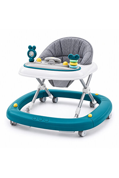 Bukela Teal and white baby walker with a padded gray seat and toy tray