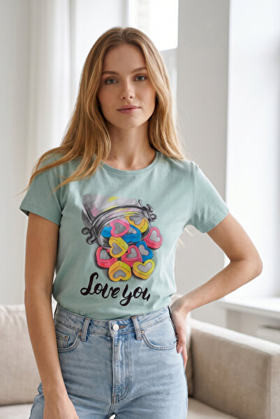 OEM Tricou de dama din bumbac cu imprimeu grafic "Love You", decolteu rotund ...