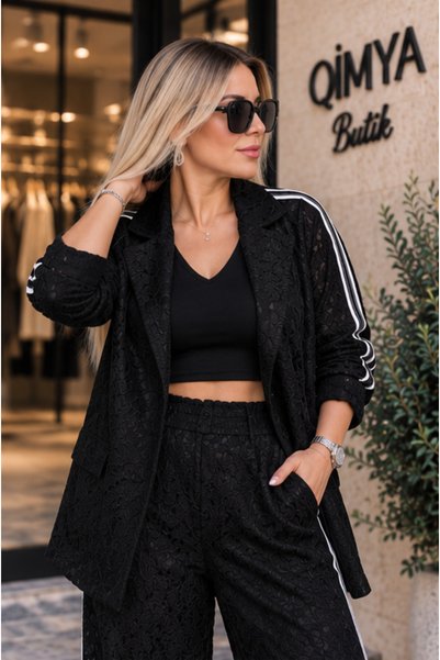 QİMYA BUTİK Buketli̇ Women's Stripe Detailed Lined Lace Jacket and Pants Two-Piece Set