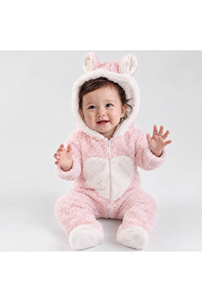 Denito Kids Tavşanlı Peluş Kız Bebek Kulaklı Tulum- Pudra