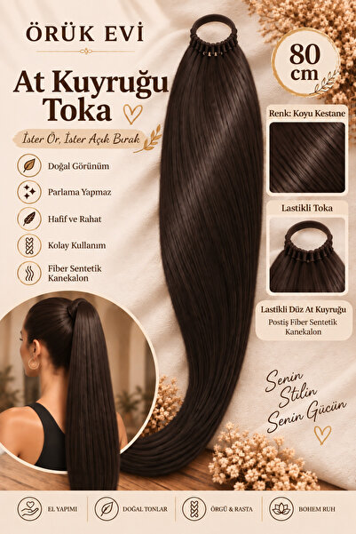 ÖRÜK EVİ Lastikli At Kuyruğu Postiş 80 cm Uzun Düz Fiber Sentetik Kanekalon S...