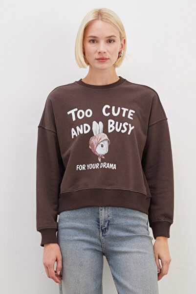 Fulla Moda 3 İplik Şardonsuz Tavşan Baskılı Oversize Sweatshirt