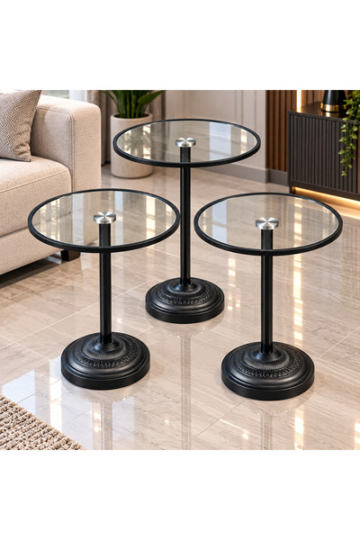 Royal Home طقم 3 طاولات جانبية دائرية زجاجية سوداء بقاعدة مزخرفة