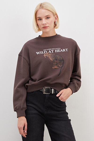 Fulla Moda 3 Threaded Tiger Print Oversize Sweatshirt