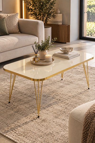 SuloraHome Gold Detaylı Krem Orta Sehpa