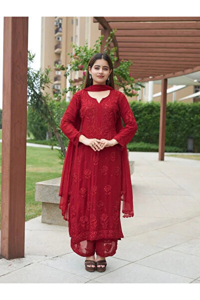 MYSMAR Red Faux Georgette Embroidered Three-Piece Suit Set - HRT8956 | Red-Si...