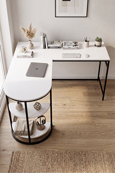 GOLDFALEZ Çalışma Masası L Tipi Köşe Bilgisayar Masası 2 Raflı Ofis Masası Oy...