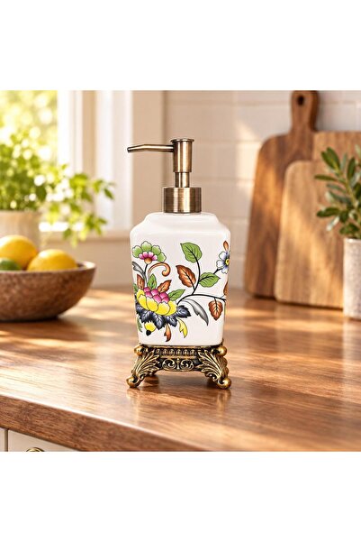 Renkli Çiçek Desenli Seramik Sıvı Sabunluk Gold Ayaklı Bronz Pompalı - Fransız Rokoko Tasarım Banyo ve Mutfak Sabunluğu 470ML