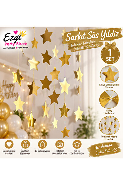Ezgi Party Store Gold Yıldız Sarkıt Süs 5 Metre 1 Set Doğum Günü Parti Arka F...