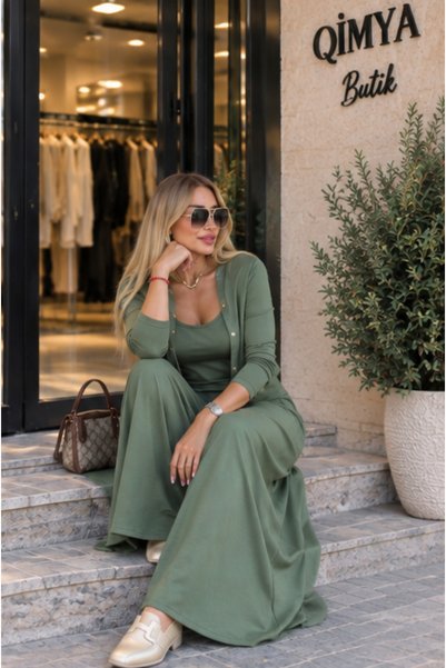 QİMYA BUTİK Set de 3 piese MODAL pentru femei cu buchet, maiou cu bretele, cardigan și fustă